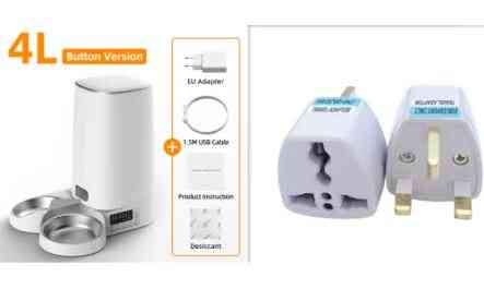 White 4L pet food dispenser with digital display, stainless steel bowls, EU power adapter, USB cable, and instructions