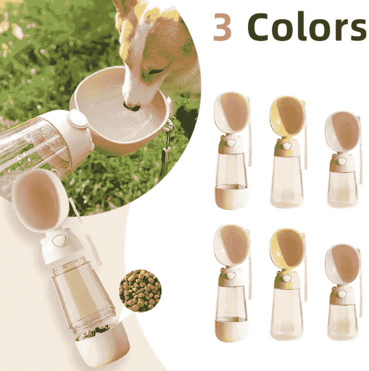 Dog water bottle with built-in drinking tray, front view