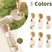 Dog water bottle with built-in drinking tray, front view