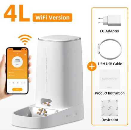 White 4L WiFi pet feeder with smartphone app control, stainless steel bowl, includes EU adapter, USB cable, and instructions