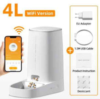 White 4L WiFi pet feeder with smartphone app control, stainless steel bowl, includes EU adapter, USB cable, and instructions
