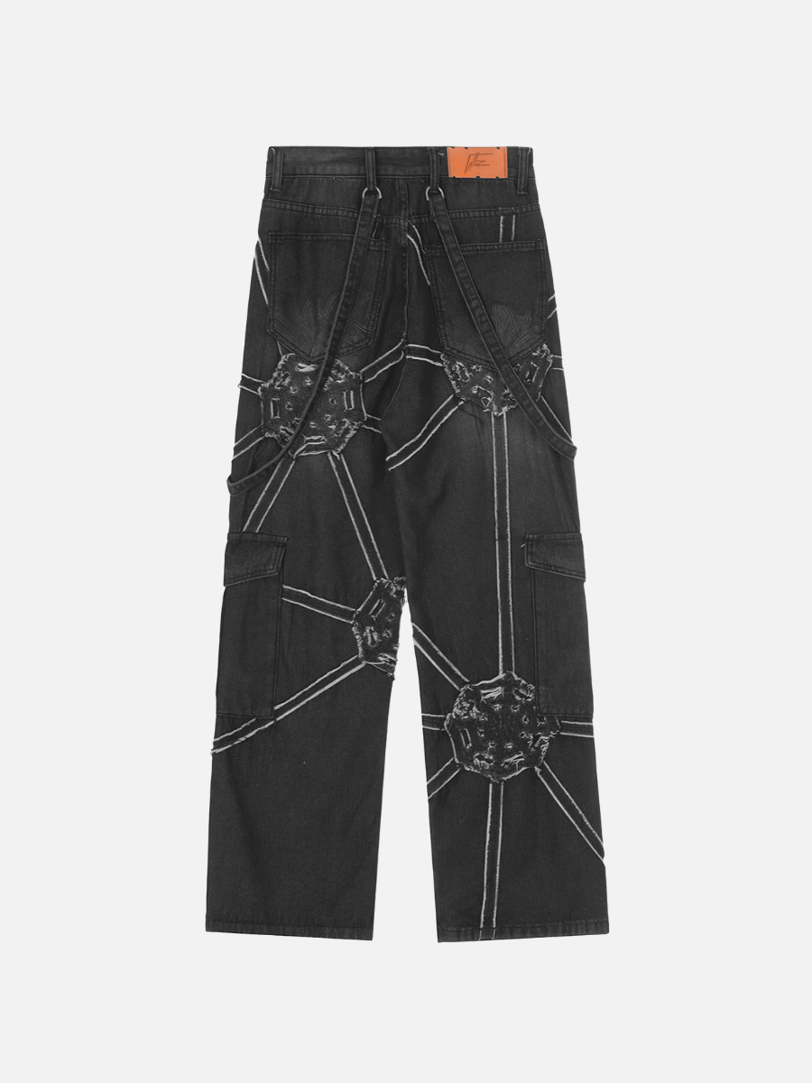 Spider Web Graphic Cargo Jeans – Loose Straight Fit Streetwear