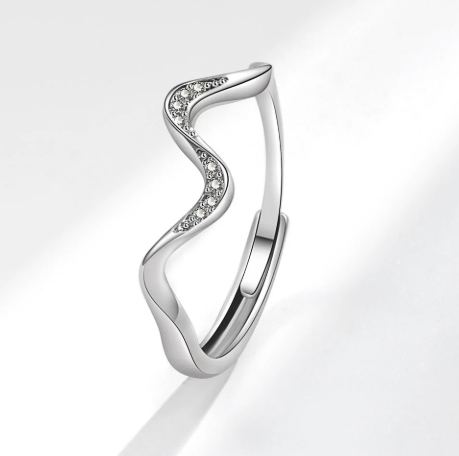 Water Wave Geometric Ring – Adjustable Open Band in Silver & Gold