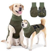 Yellow Labrador wearing a green dog calming vest with turtleneck, breathable fabric, reflective strip, and adjustable straps