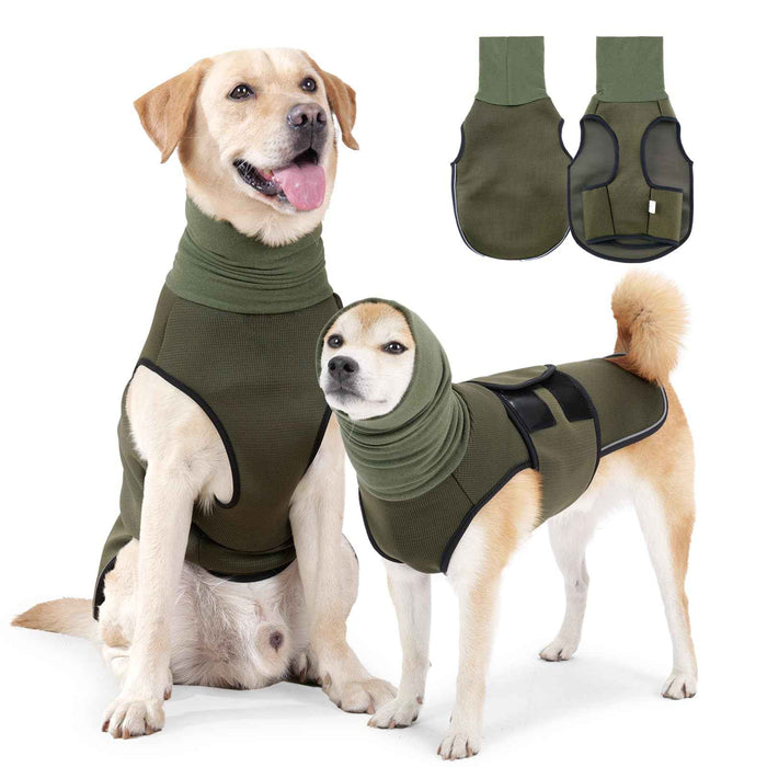 Yellow Labrador wearing a green dog calming vest with turtleneck, breathable fabric, reflective strip, and adjustable straps