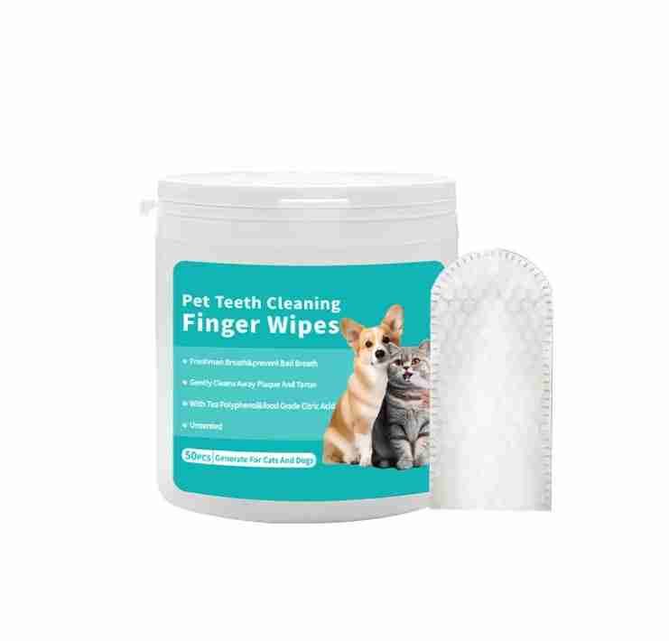 Pet ear cleaning wipes finger stall packaging with label, featuring dog and cat images, designed for ear hygiene and debris removal