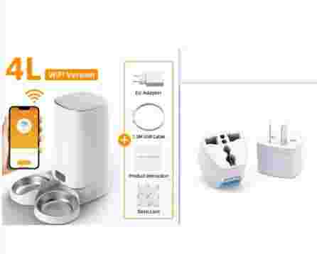 White 4L pet food dispenser with WiFi control, stainless steel bowl, power adapter, and instruction manual, SKU: G9SUZB0