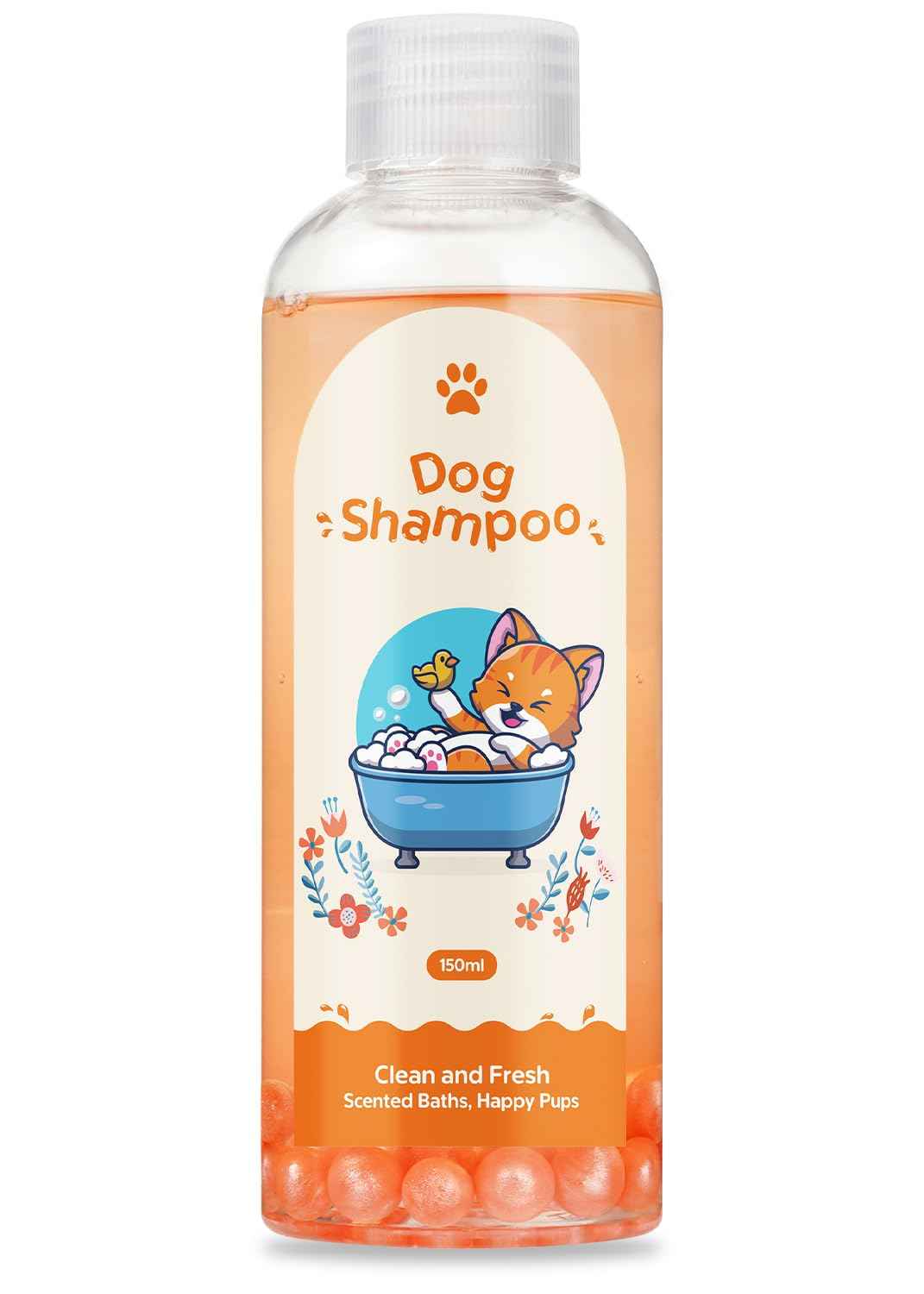 Transparent bottle of natural dog shampoo with orange liquid and bath bomb balls at the bottom, featuring a cute cartoon cat in a bathtub on the label