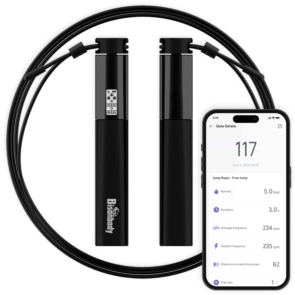 Black smart jump rope with digital display on handle showing workout data, Bluetooth app connectivity, and ergonomic grip