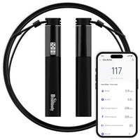 Black smart jump rope with digital display on handle showing workout data, Bluetooth app connectivity, and ergonomic grip