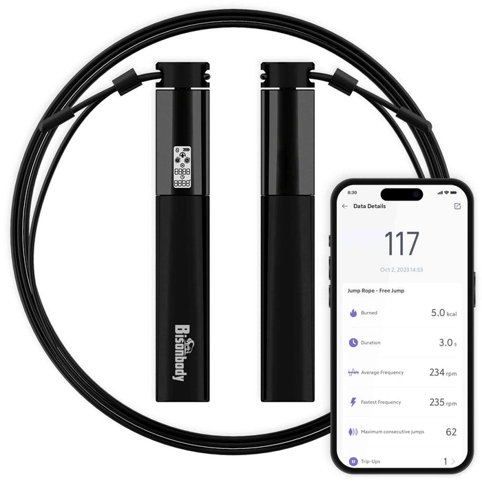 Black smart jump rope with digital display on handle showing workout data, Bluetooth app connectivity, and ergonomic grip
