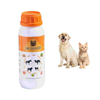 Orange bottle of Lime Sulfur Dip for Pets with a label featuring a dog illustration, used for treating ringworm and mange in dogs, cats, and horses.