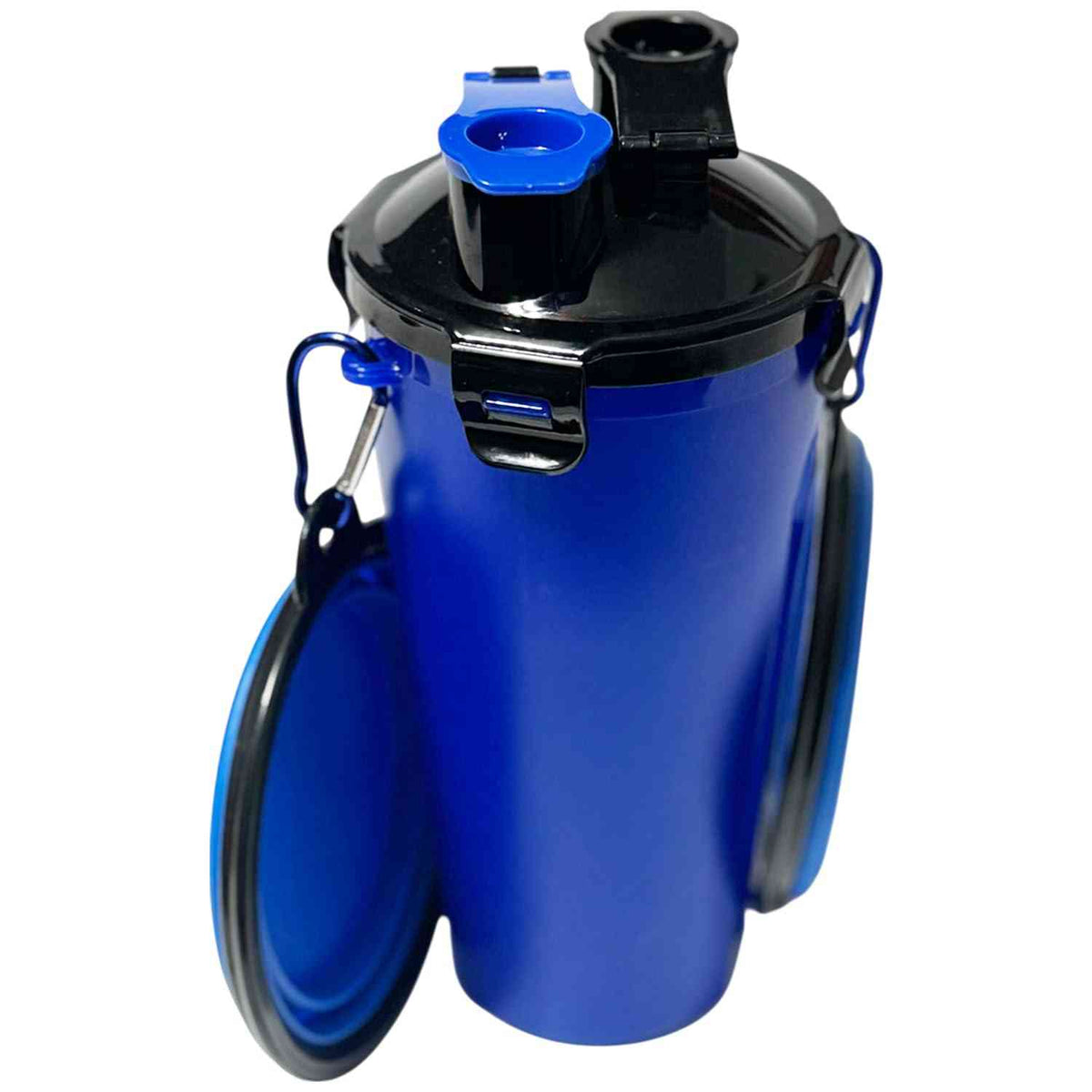 Close-up of blue collapsible pet bowl attached to the blue and black portable pet water bottle, perfect for outdoor walks and trips