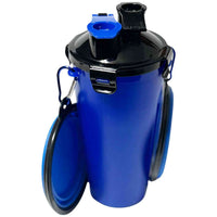 Close-up of blue collapsible pet bowl attached to the blue and black portable pet water bottle, perfect for outdoor walks and trips