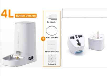 White 4L automatic pet feeder with button control, EU adapter, USB cable, stainless steel bowl, and instructions, suitable for pets 3+ months.