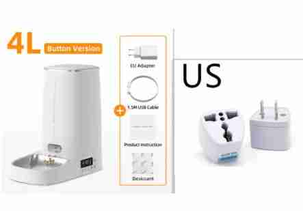 White 4L pet food dispenser with button control, EU adapter, USB cable, stainless steel bowl, and instructions, suitable for pets 3+ months.