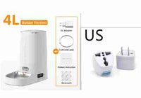 White 4L pet food dispenser with button control, EU adapter, USB cable, stainless steel bowl, and instructions, suitable for pets 3+ months.