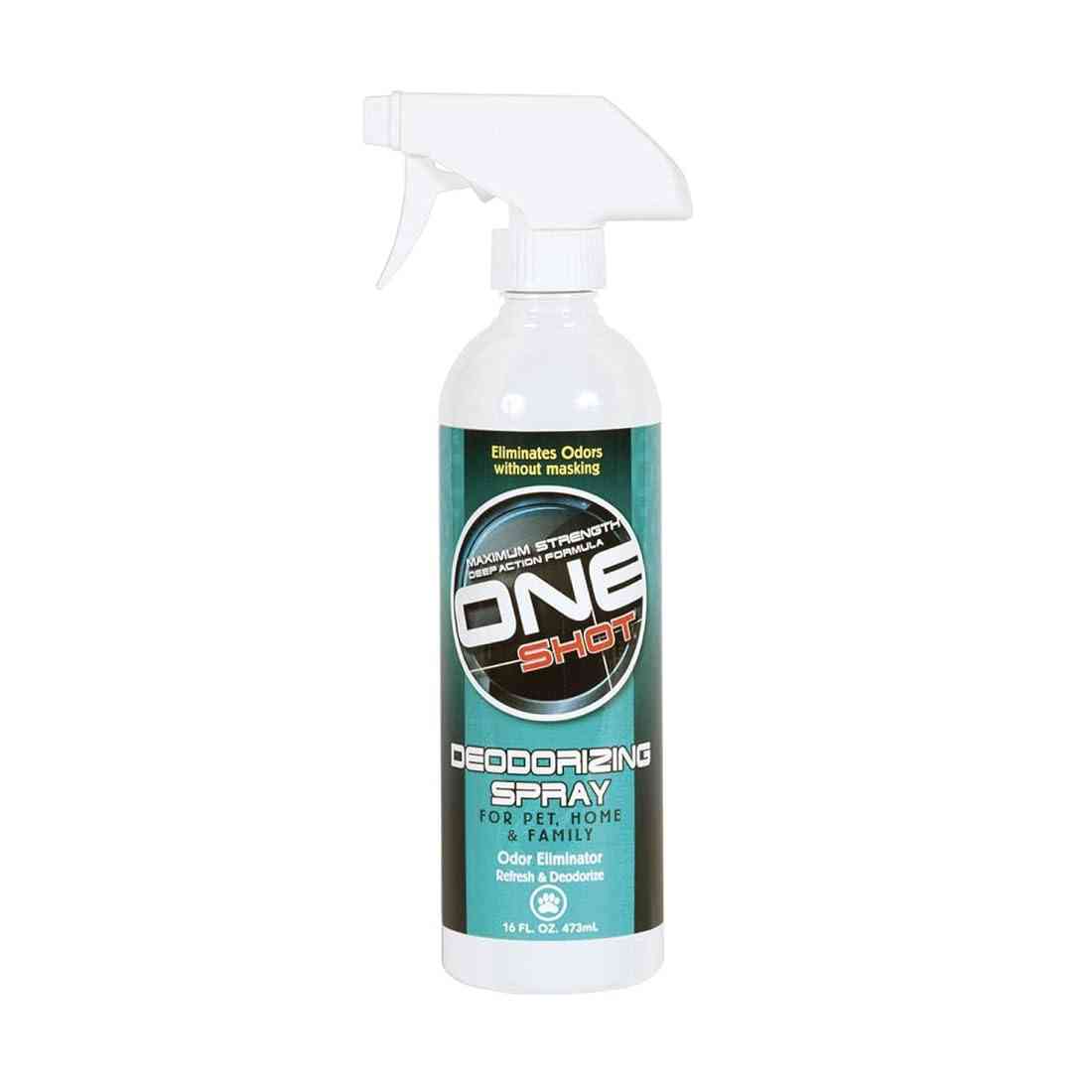 White plastic spray bottle of herbal mint pet deodorising spray with label showing odor neutralising features for dogs, cats, horses, 16oz