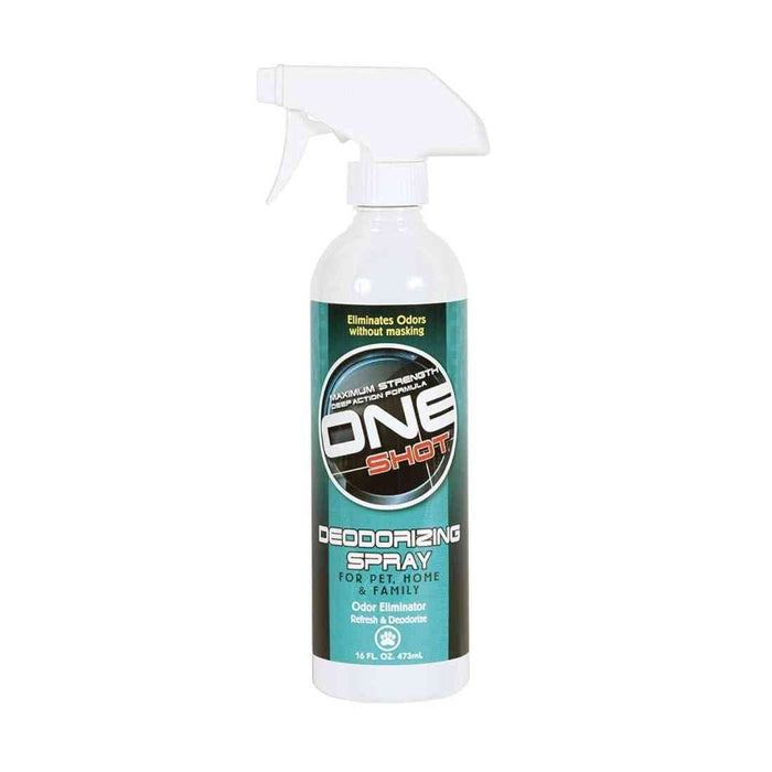 White plastic spray bottle of herbal mint pet deodorising spray with label showing odor neutralising features for dogs, cats, horses, 16oz