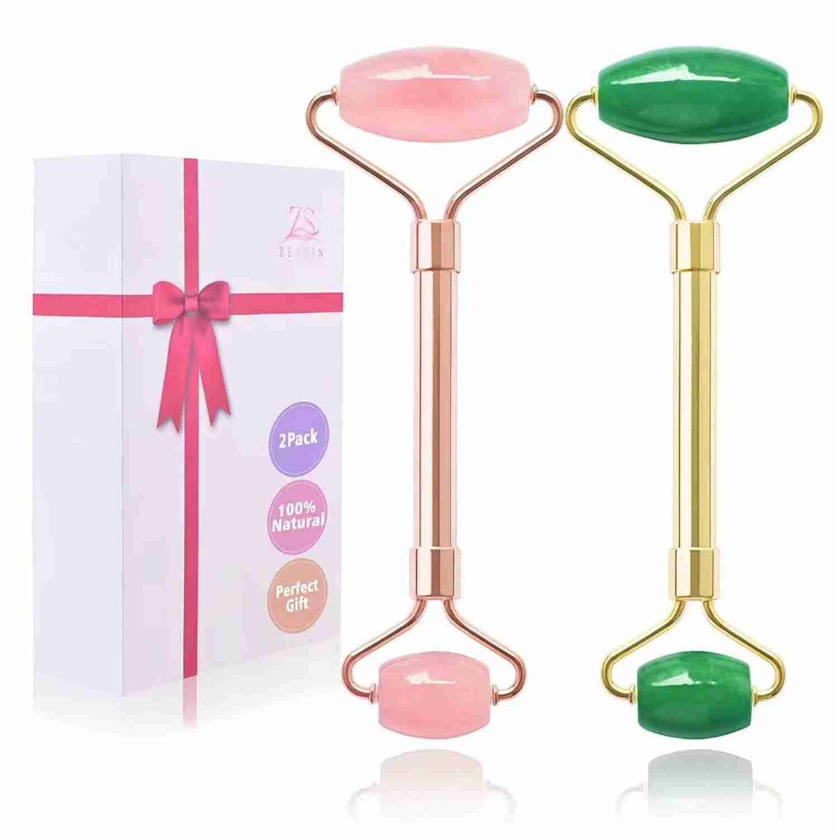 Jade & Rose Quartz Facial Roller Set – 2-Pack Na...