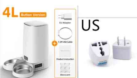 White 4L pet food dispenser with US plug, button control, EU adapter, USB cable, stainless steel bowl, and instructions for easy feeding.