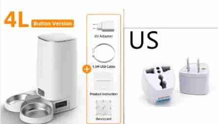 White 4L pet food dispenser with stainless steel bowl, control panel, and power adapter, for pet feeding, SKU: G9SUZB0