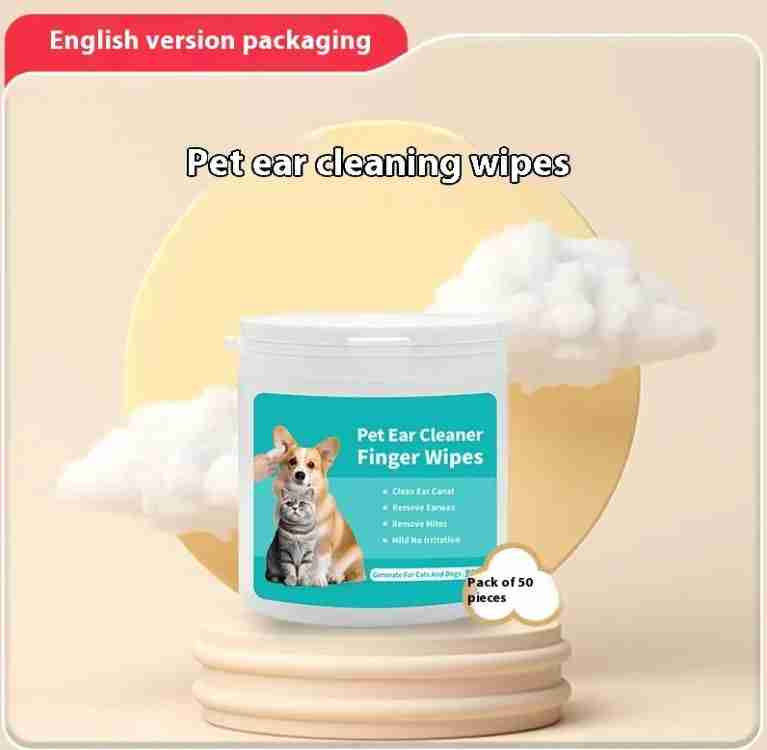 Pet ear cleaning wipes container with dog and cat images, mild pet-safe formula, ear care for dogs and cats, 50-piece pack