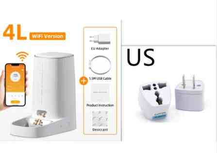 White 4L pet food dispenser with WiFi connectivity, compact design, includes EU adapter, USB cable, and user manual