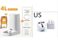 White 4L pet food dispenser with WiFi connectivity, compact design, includes EU adapter, USB cable, and user manual