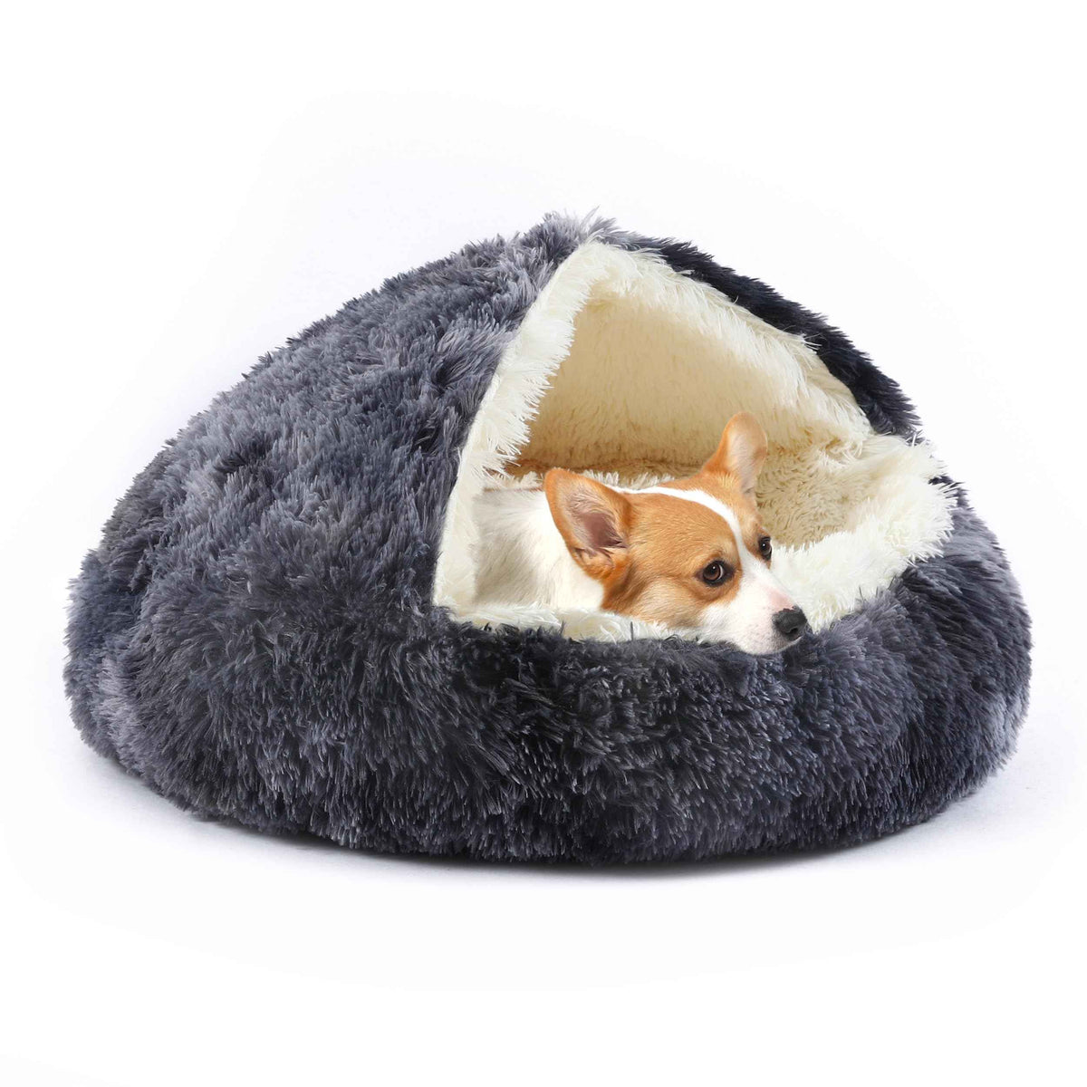 Round Hooded Plush Pet Cave Bed | 2-in-1 Donut &...

