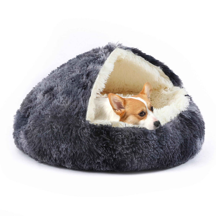 Round Hooded Plush Pet Cave Bed | 2-in-1 Donut &...

