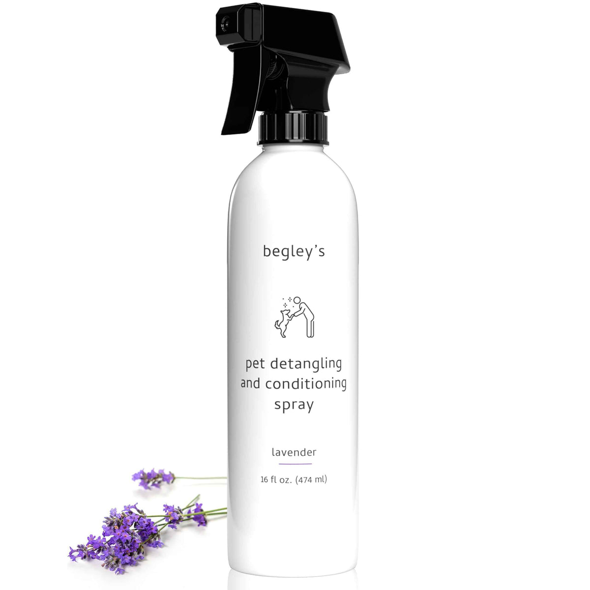 Close-up of white pet detangling spray bottle with black spray nozzle, lavender flowers at base, 16oz, for dogs and cats