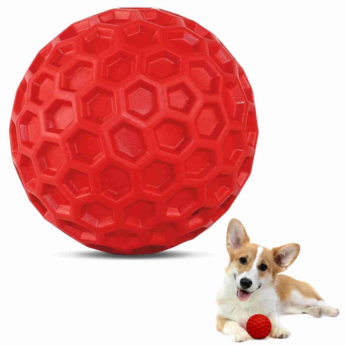 Red honeycomb-patterned dog ball toy made of durable natural rubber with built-in squeaker, perfect for fetch and dental care
