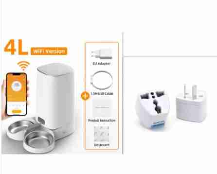 WiFi-enabled 4L pet feeder with stainless steel bowl, control panel, power adapter, and accessories, SKU: G9SUZB0