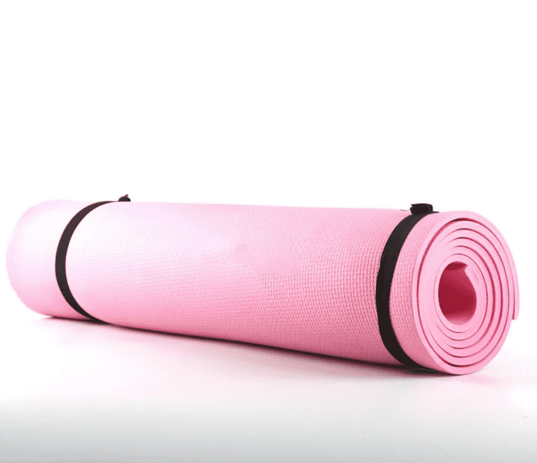 Pink extra thick non-slip fitness mat with textured surface, rolled for yoga, dance, aerobics, and HIIT workouts - SKU: V1K77JC