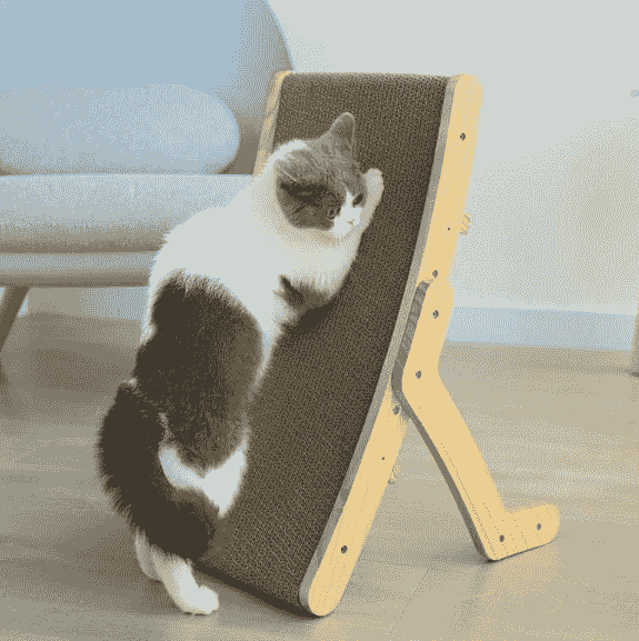 Transformable cat bed and scratcher with a wooden frame and textured surface, designed for feline comfort and play
