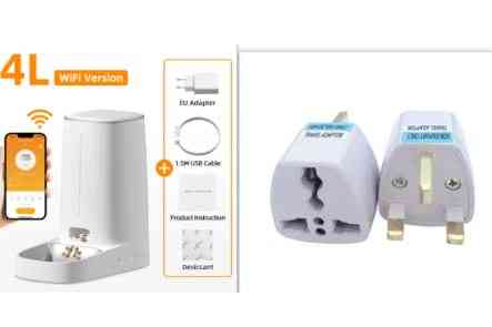 White 4L automatic pet feeder with WiFi control, stainless steel bowl, USB cable, EU adapter, and product instructions, ideal for pet feeding.