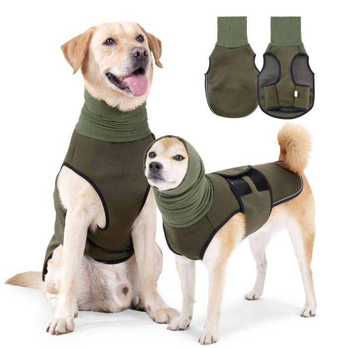 Back view of two green dog anxiety calming vests with breathable material, reflective strip, and adjustable Velcro straps for dogs
