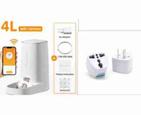 White 4L WiFi pet food dispenser with app control, stainless steel bowls, EU power adapter, USB cable, and instructions