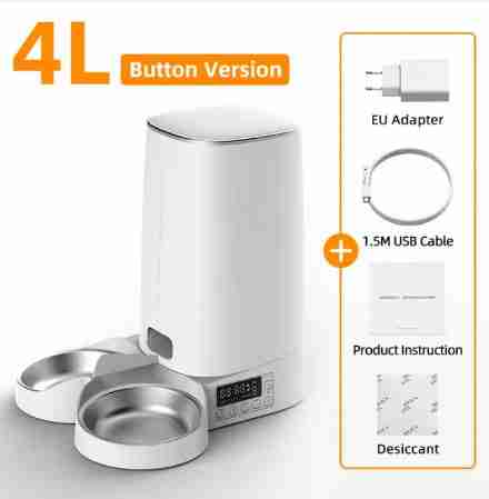 White 4L pet feeder with button control, stainless steel bowl, includes EU adapter, USB cable, and instructions for easy setup