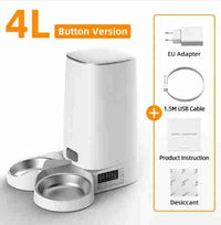 White 4L pet feeder with button control, stainless steel bowl, includes EU adapter, USB cable, and instructions for easy setup