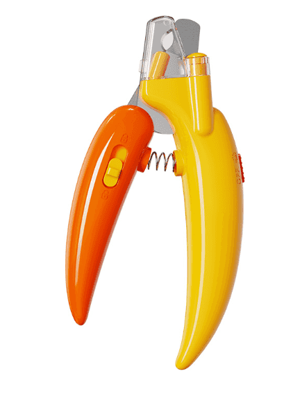 Bright yellow LED nail clipper for cats and dogs with built-in light, ergonomic handle, stainless steel blades, and orange safety guard