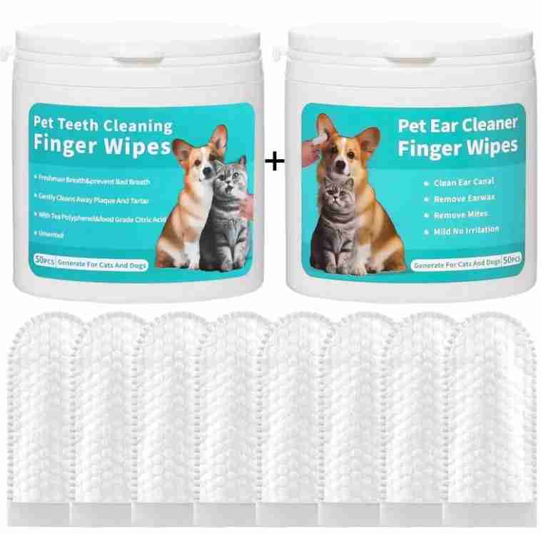 Set of two pet ear cleaning wipes finger stall containers with labels, featuring dog and cat images, and disposable wipes for pet hygiene