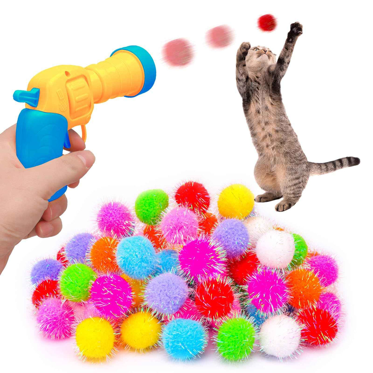 Interactive Cat Toy Set | 80 Glitter Pom-Pom Bal...

