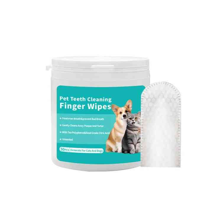 White pet teeth cleaning finger wipes container with label showing dog and cat, includes a disposable wipe for pet oral care