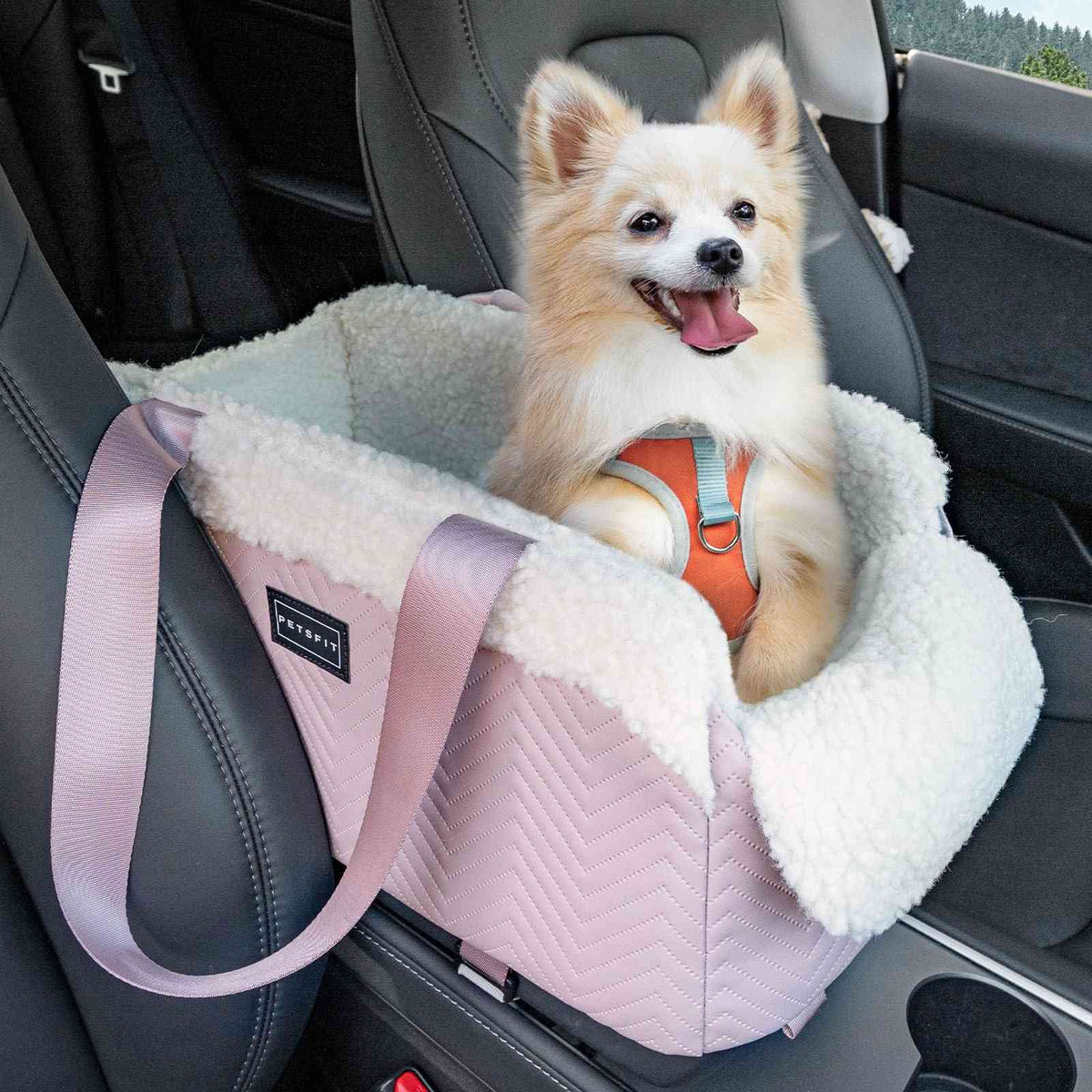 Pink luxury pet car seat with plush fleece lining, waterproof PU leather exterior, safety tether, and quilted design, installed in vehicle backseat