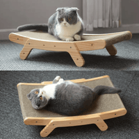 Wooden transformable cat bed and scratcher with curved frame, suitable for lounging and scratching, shown with a gray and white cat resting