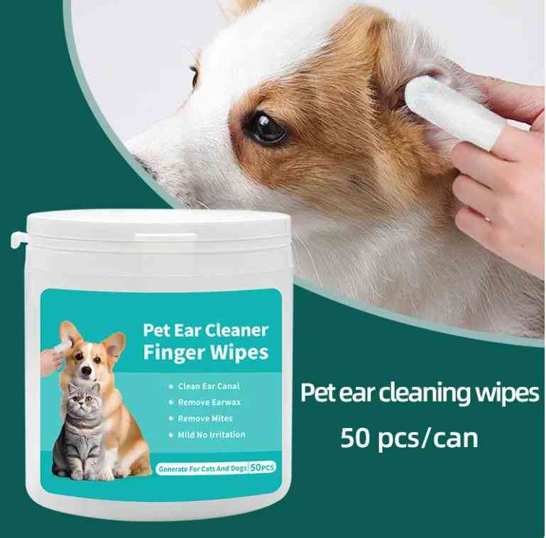Pet ear cleaning wipes finger stall container with label featuring dog and cat images, designed for gentle ear hygiene for dogs and cats