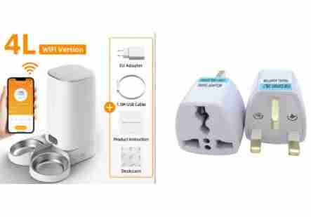 White 4L automatic pet feeder with stainless steel bowl, WiFi version, compact design, includes EU adapter, USB cable, and instructions