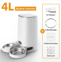 White 4L automatic pet feeder with stainless steel food bowls, digital control panel, and included EU adapter, USB cable, and desiccant